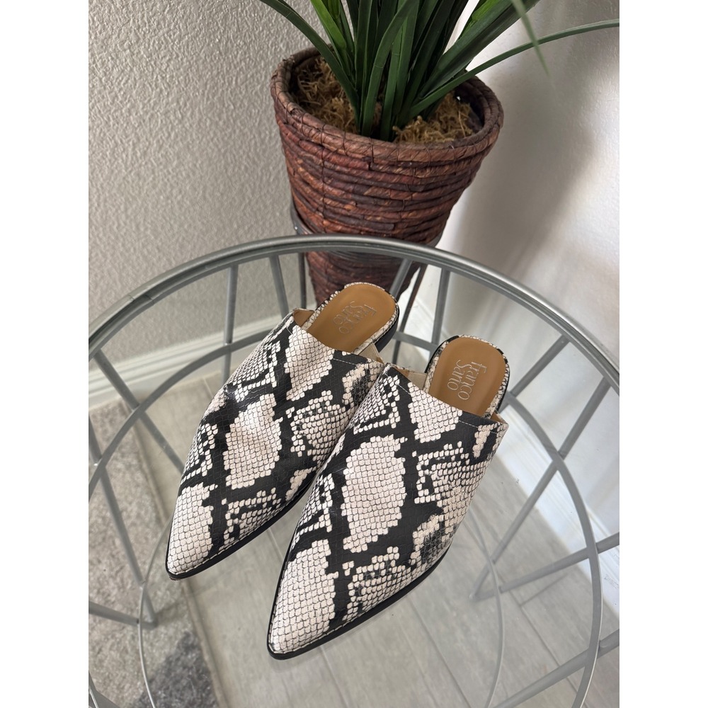 Franco Sarto Rayna Snakeskin Print Pointed Toe Mules Flats Black White Size 8.5